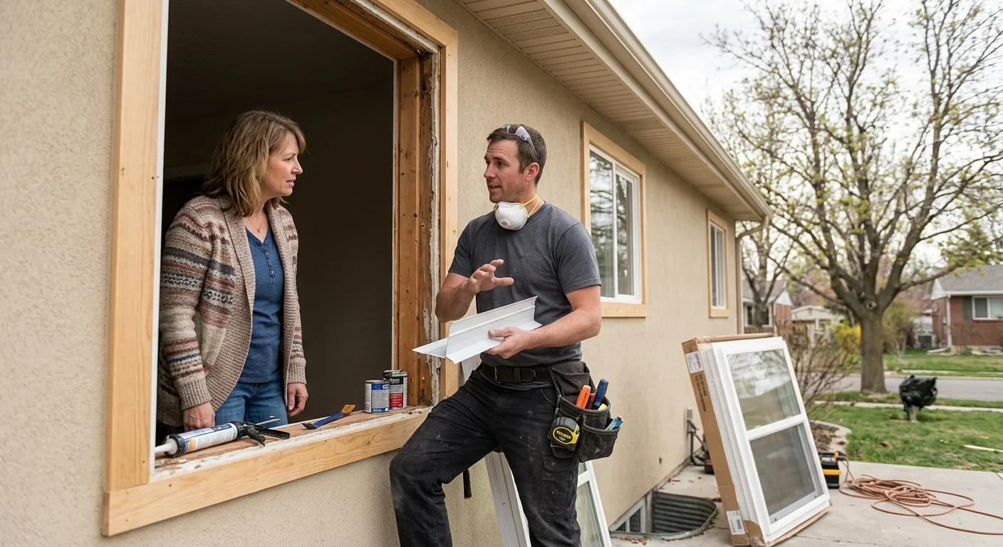 Technician measuring a double hung window opening in a Midvale home