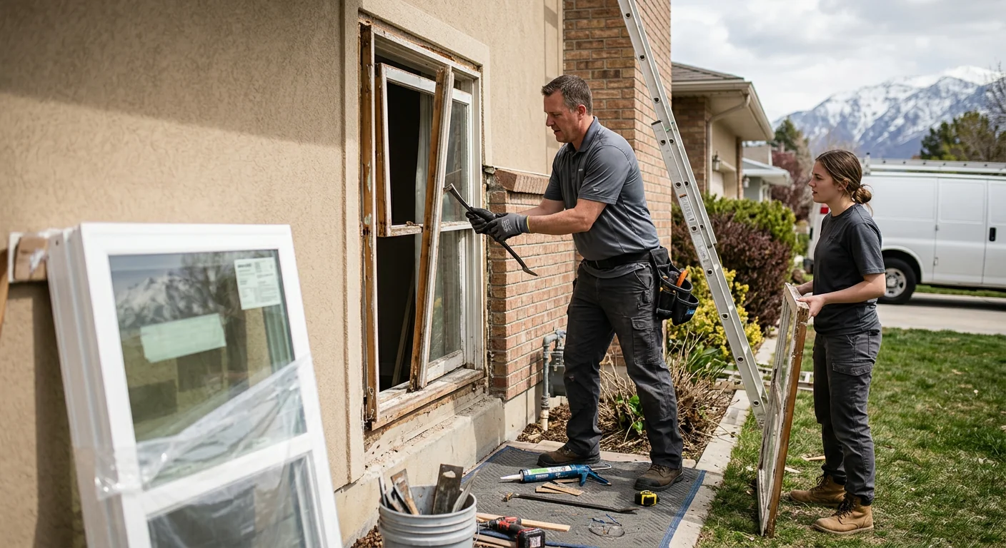 Technician measuring double hung window for replacement in a Midvale home
