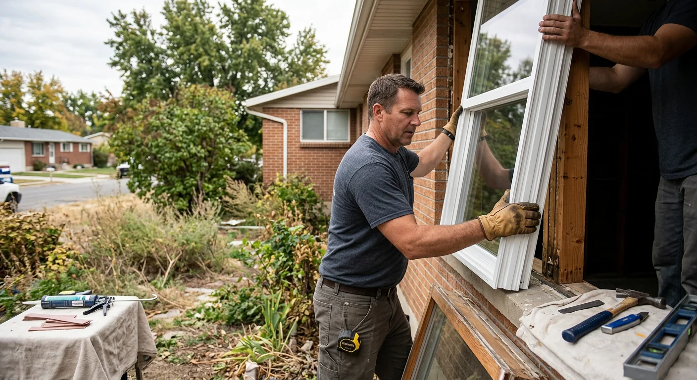 Technician fitting a new double hung window into a Midvale home frame