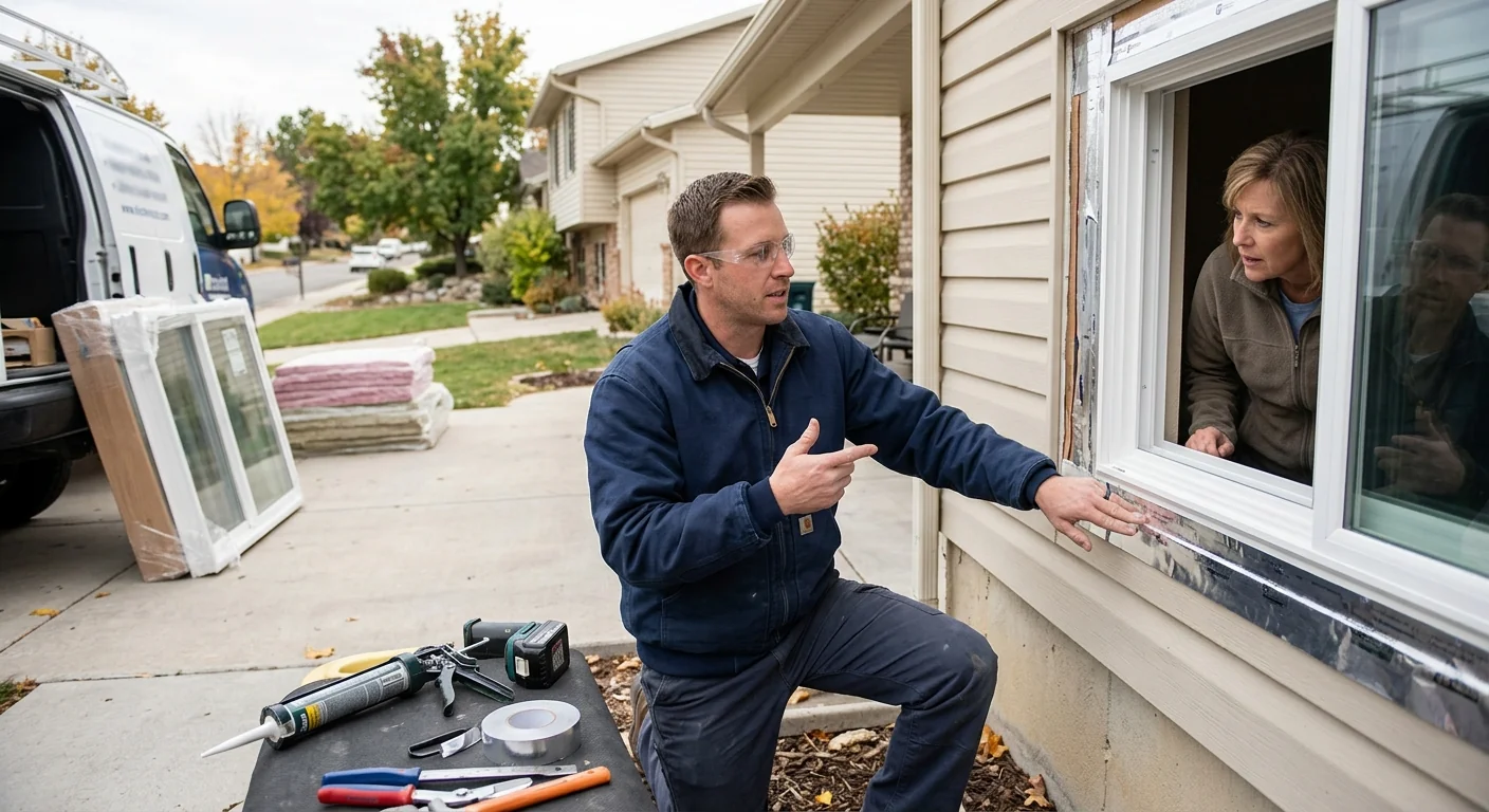 Contractor measuring a basement egress window opening in a Midvale home