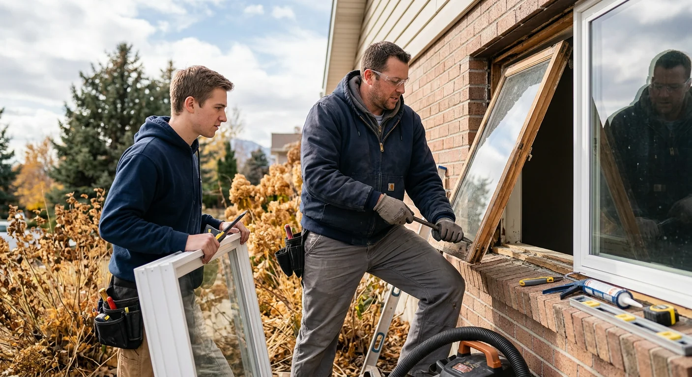 Crew installing a code-sized basement egress window with window well in Midvale