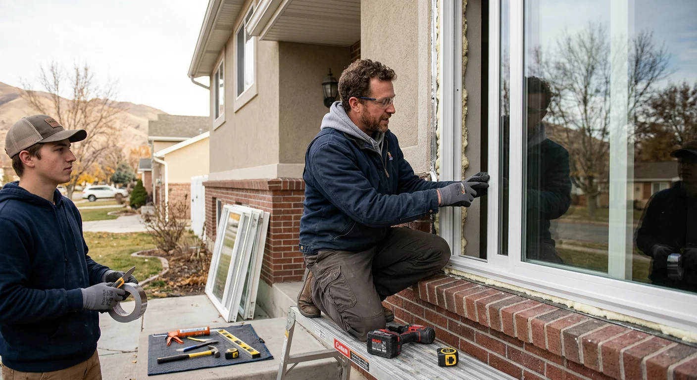 Technician measuring window opening during energy efficient replacement estimate in Midvale