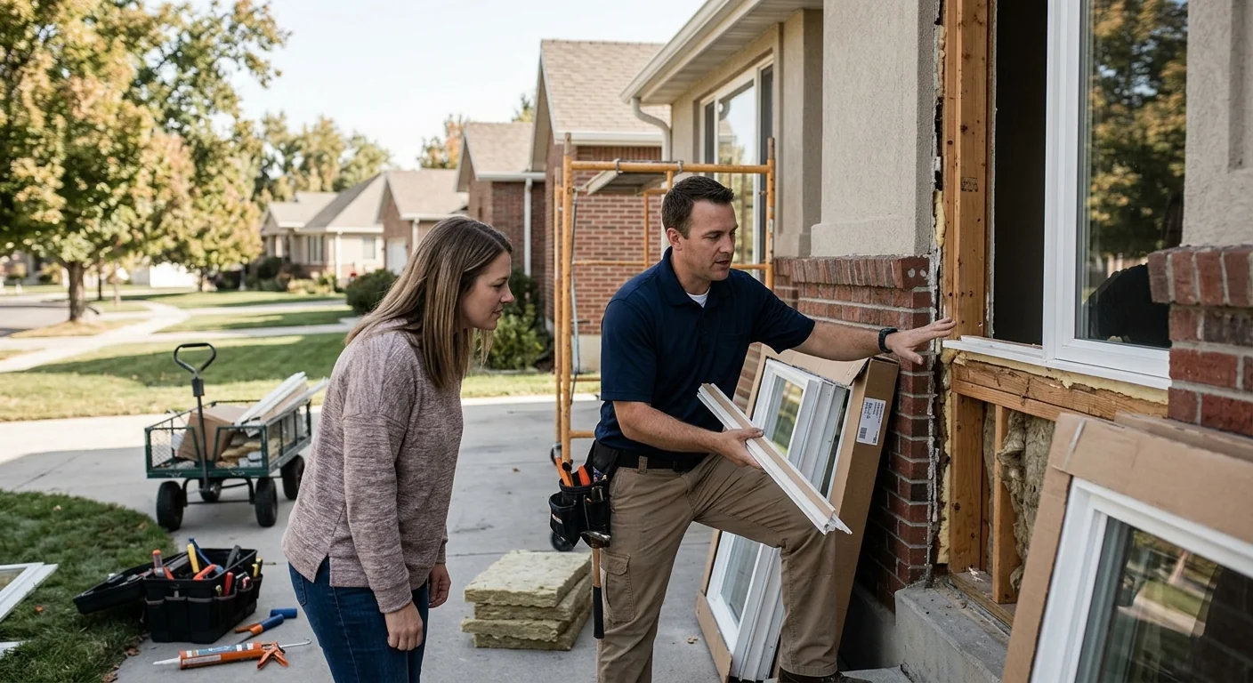 Installer fitting energy efficient double-pane windows in a Midvale home living room