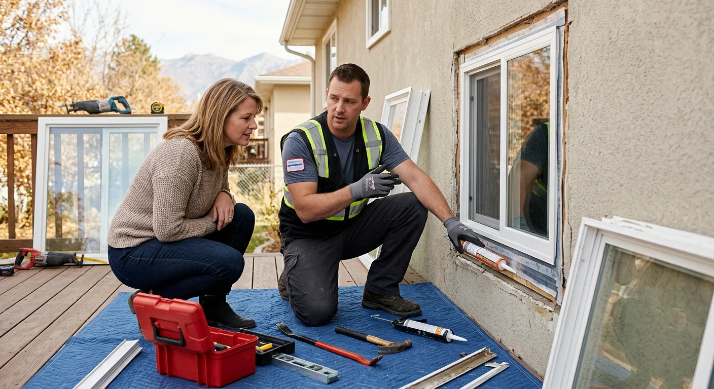 Close-up of foggy double-pane window with failed seal in a Midvale home