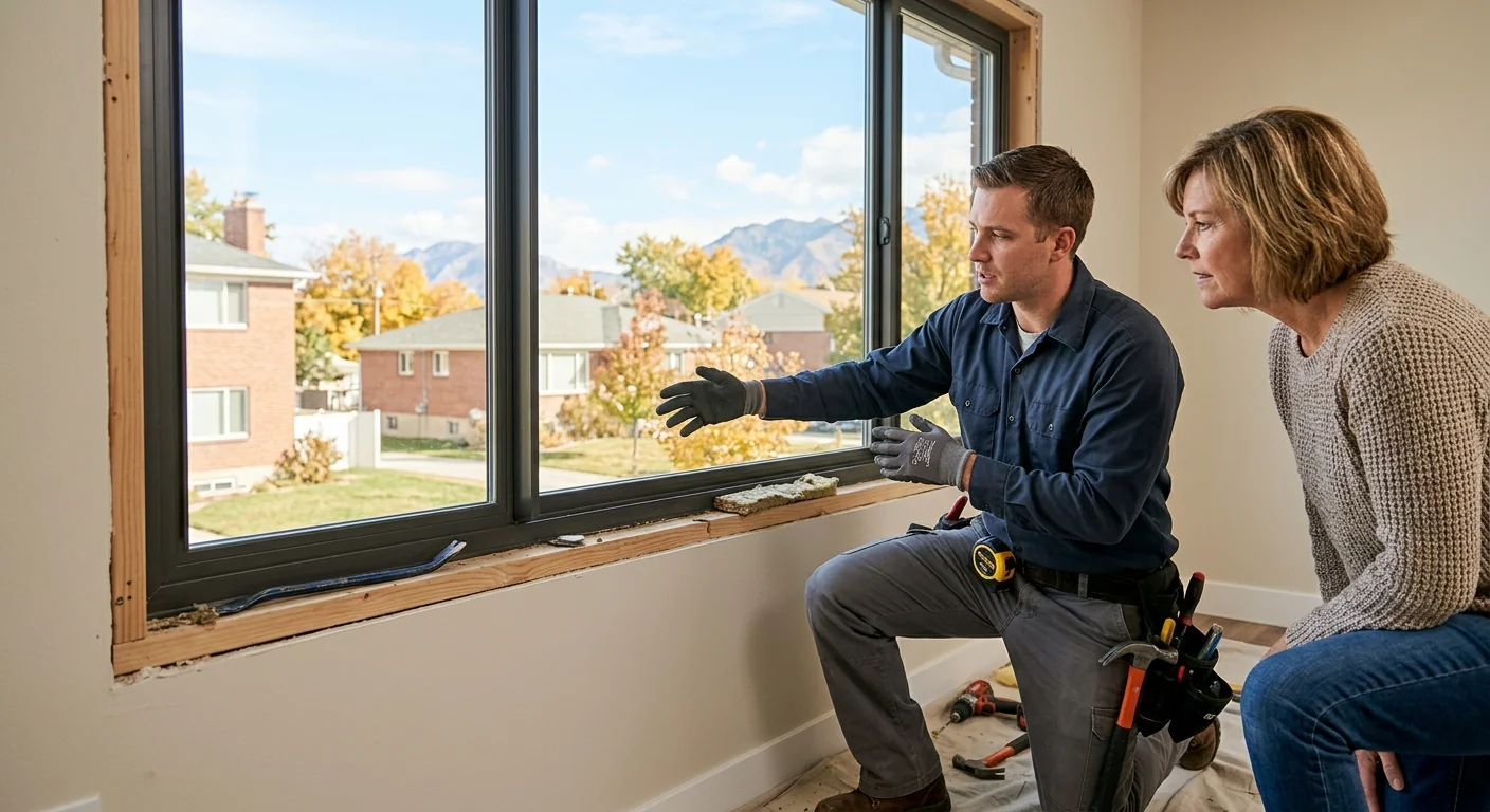 Technician measuring a sliding glass door opening in a Midvale home