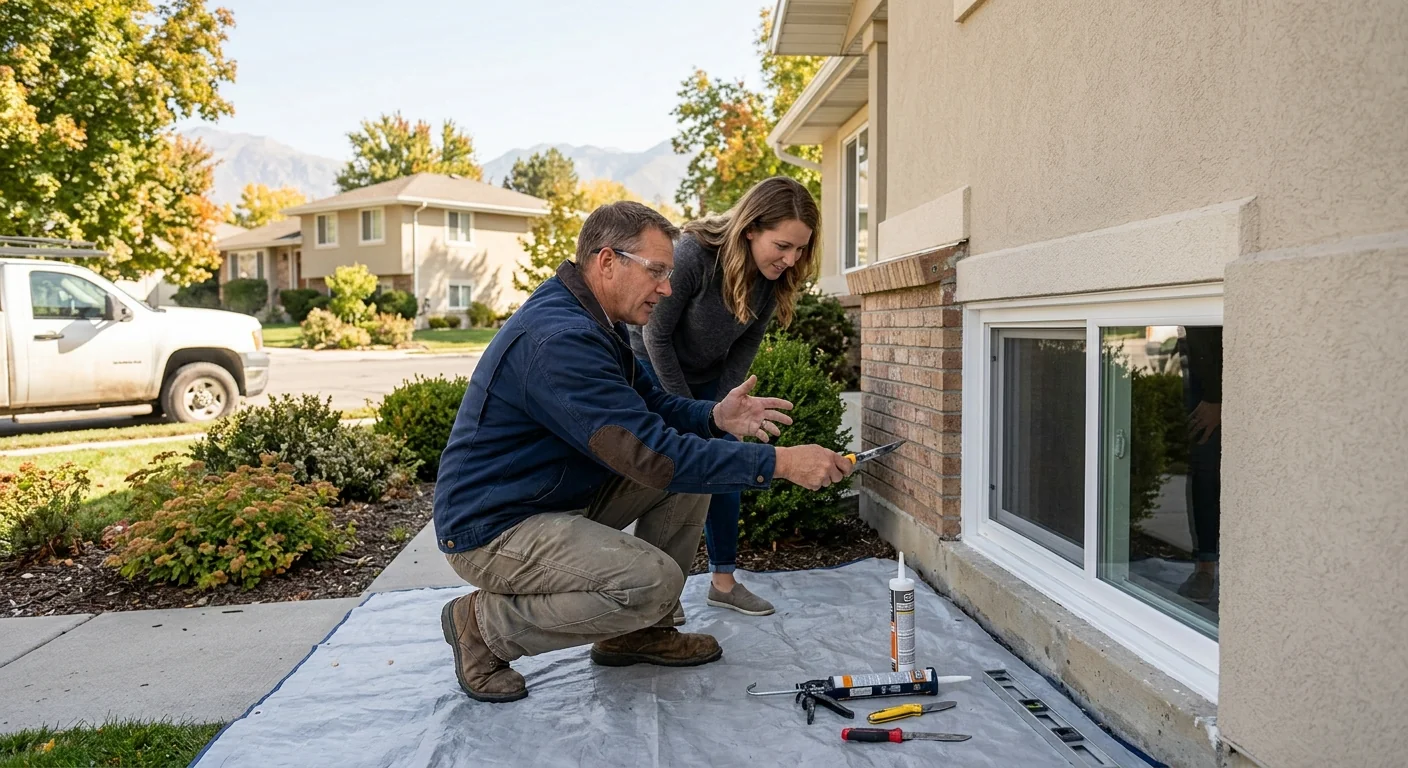 Technician measuring a window opening for glass replacement in Midvale home