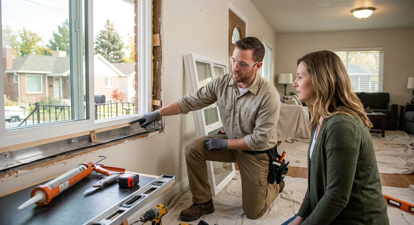 Technician measuring a window pane for glass replacement in a Midvale home