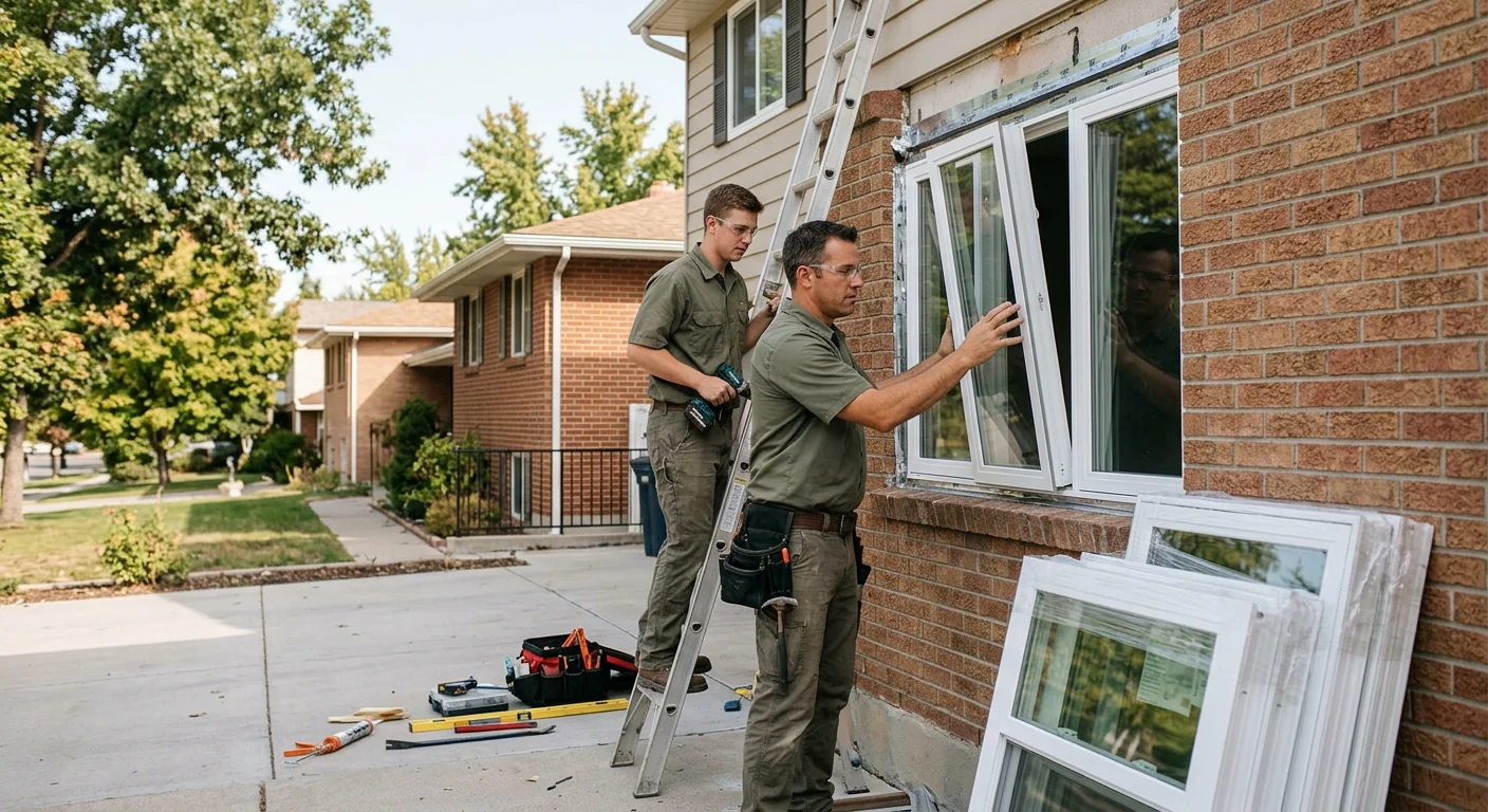 Technician fitting a new insulated glass pane into a Midvale home window frame
