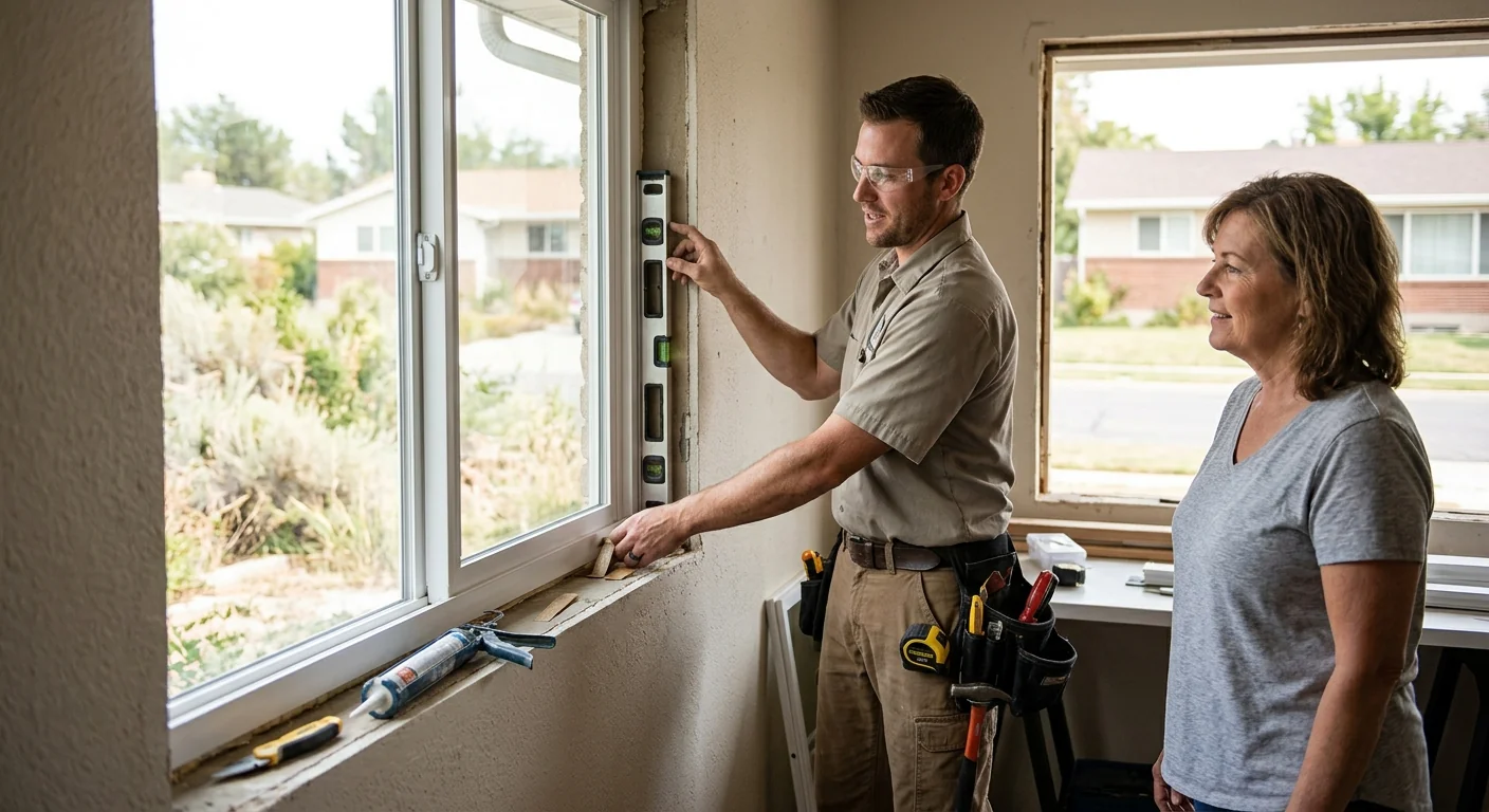 Close-up of fogged double-pane window showing failed seal in a Midvale home