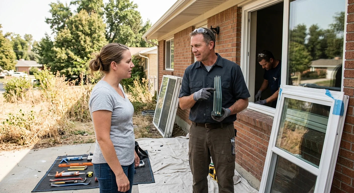 Technician inspecting a damaged window frame during a Midvale repair assessment