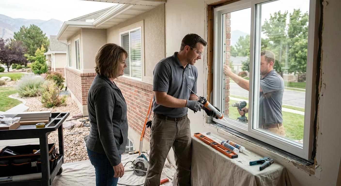 Technician preparing tools for a window repair appointment in Midvale home