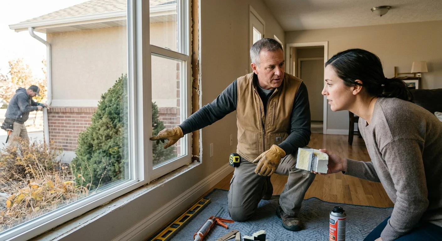 Installer measuring a double hung window frame during a Midvale replacement project