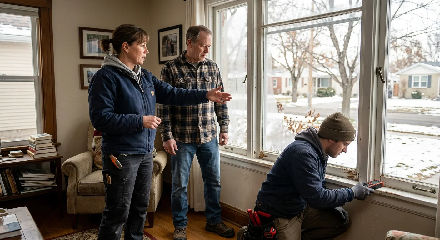 Drafty older window frame needing replacement in a Midvale living room
