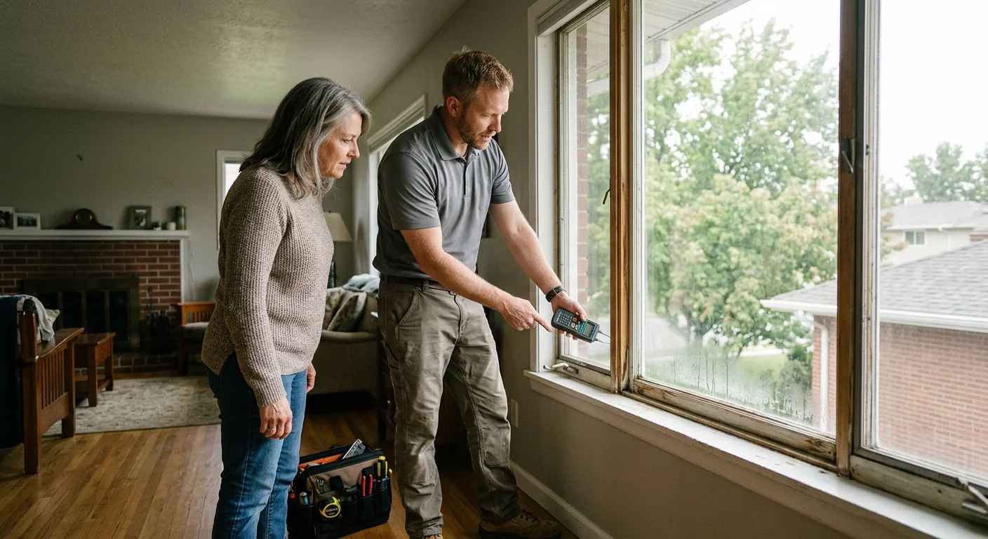 Consultant assessing existing windows during an estimate at a Midvale home