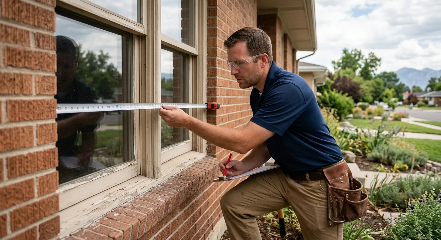 Technician taking precise window measurements for a Midvale replacement project