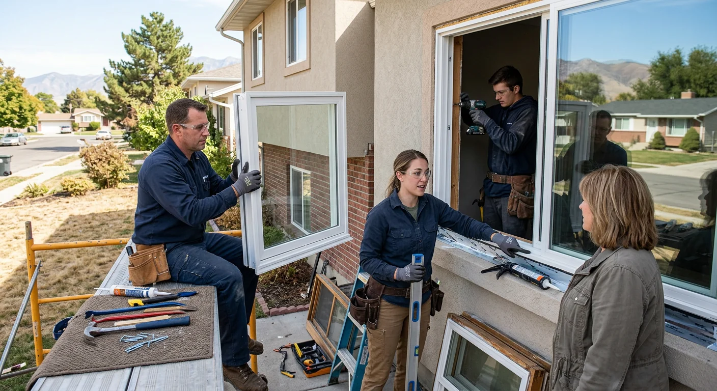 Crew installing a new energy efficient window in a Midvale house