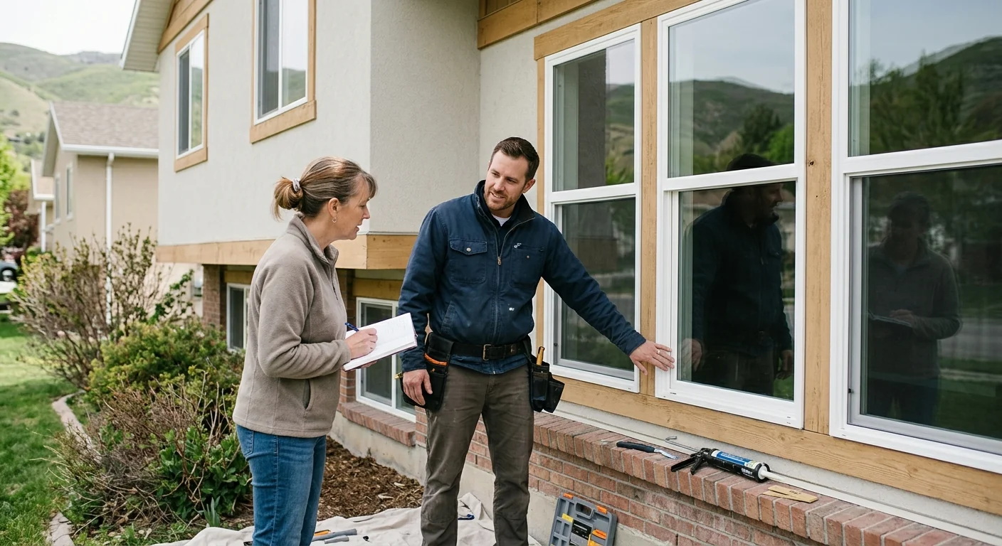 Homeowner and technician reviewing finished window work during final walkthrough