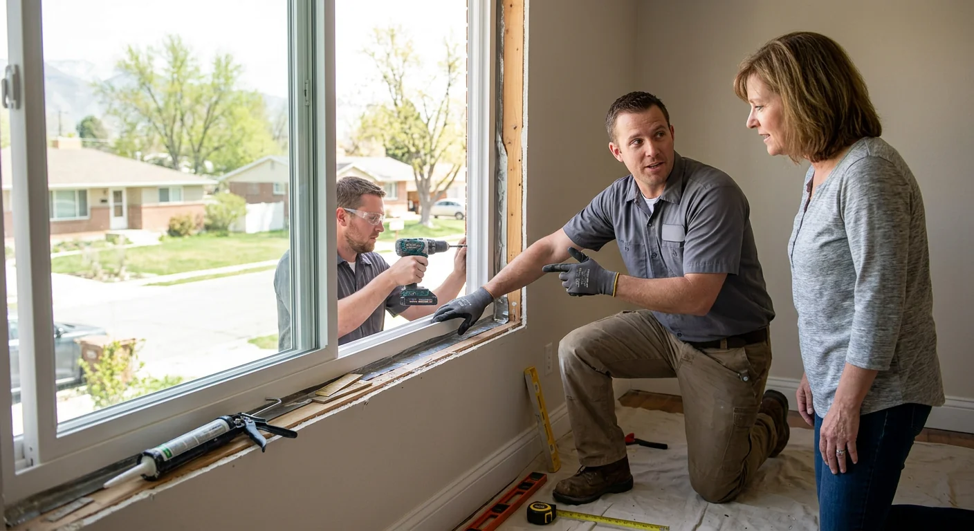 Installer inspecting sealed window frame and weatherstripping after a Midvale replacement